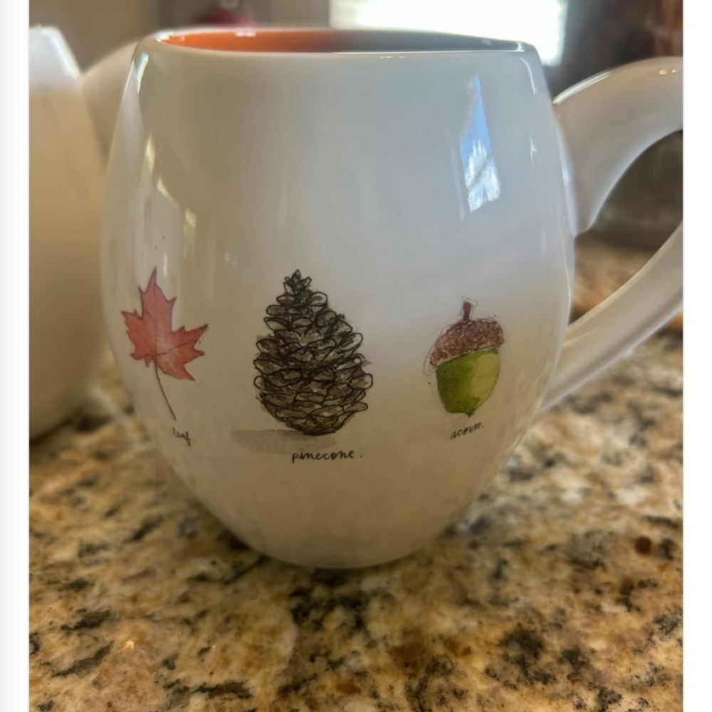 Rae Dunn Artisan Magenta Acorn Leaf Pinecone FALL Autumn Coffee Mug 20 Oz.